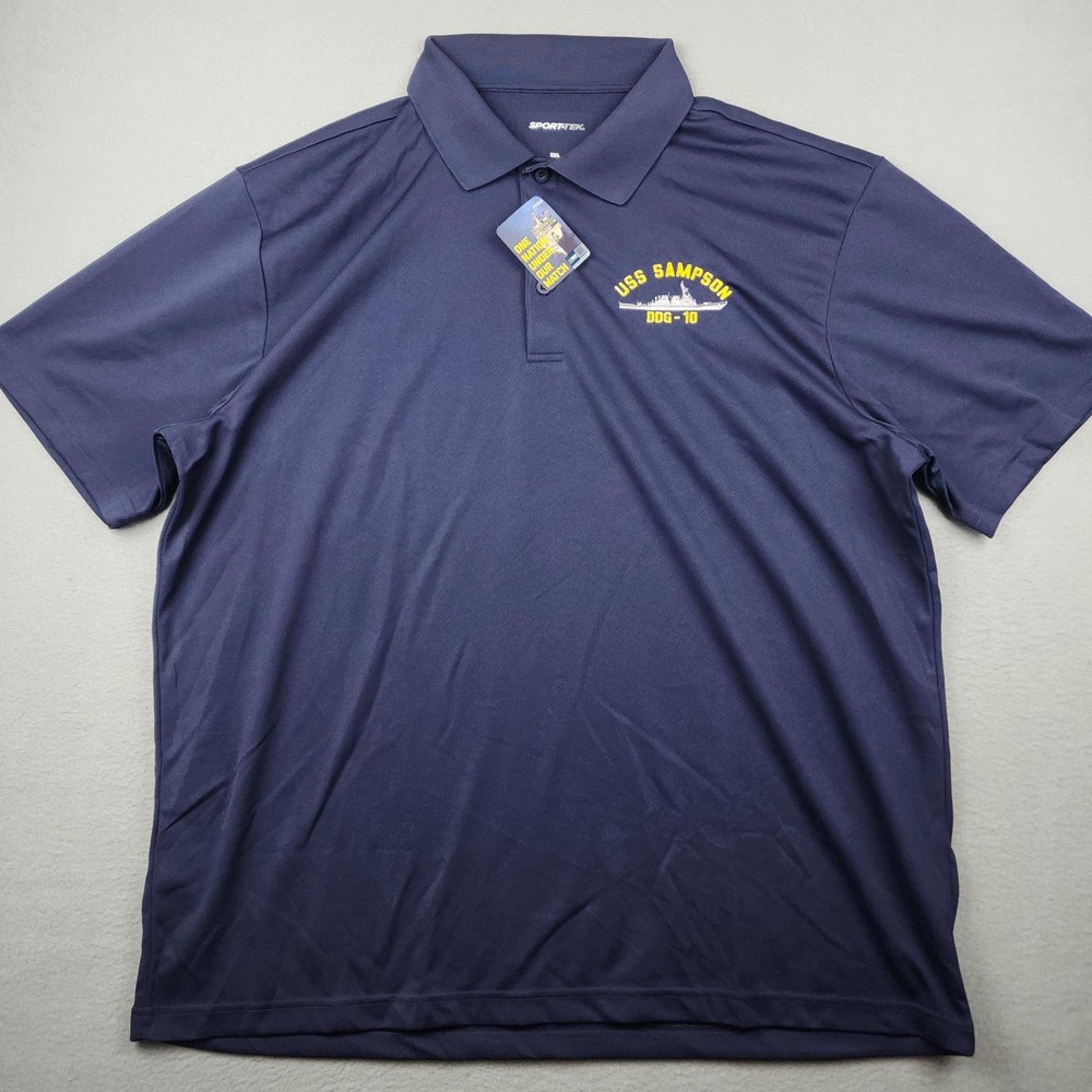 Sport-Tek Polo Shirt Mens 3XL Blue USS Sampson DDG-10 US Navy Military Logo NWT